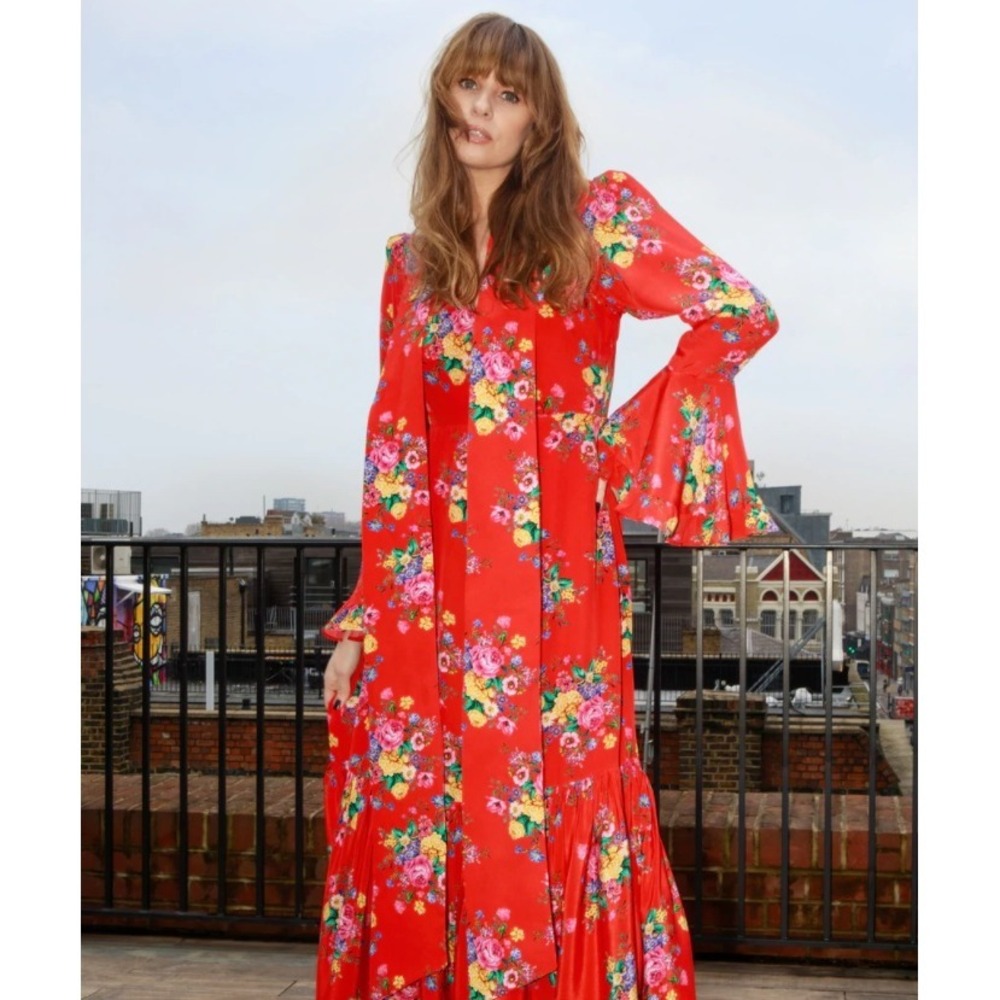 Queens of Archive Red Floral Maxi Dress Bell Sleeve Bow Retro Boho S Small